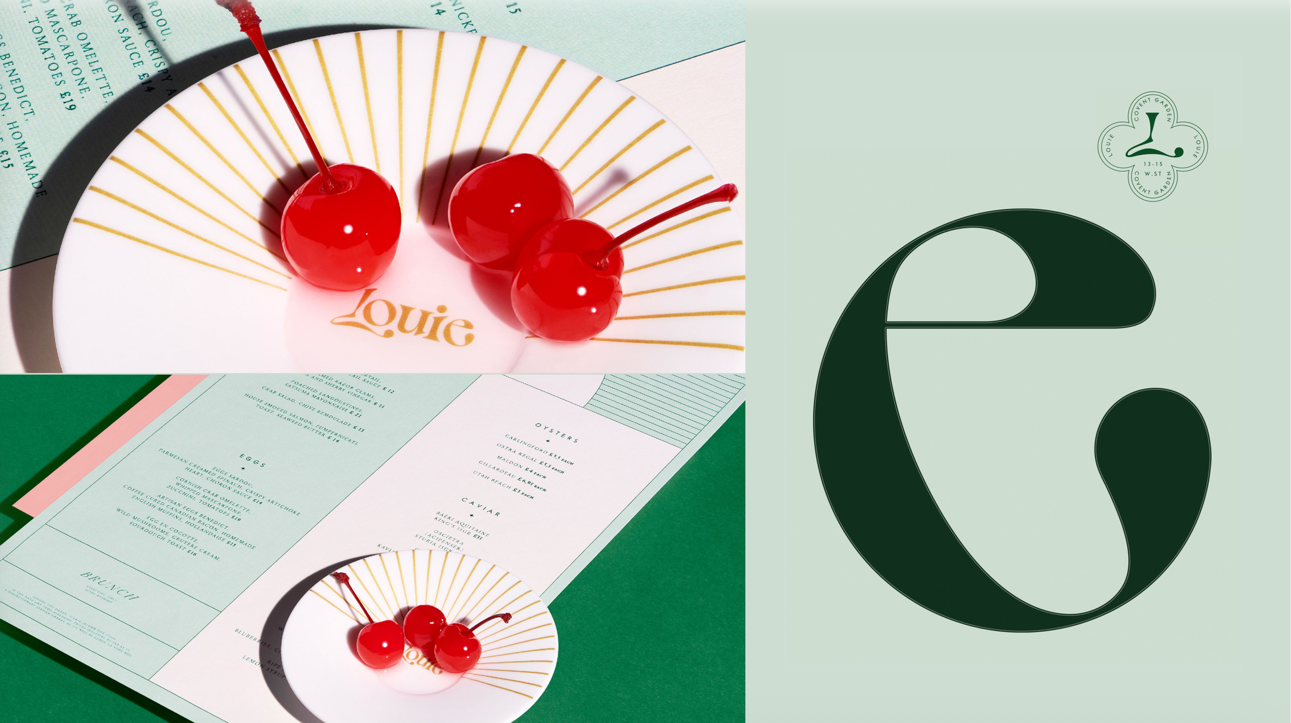 Louie brand identity, menus, plates and monogram
