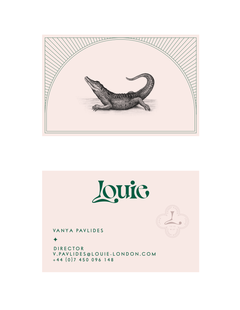Louie business cards · crocodile and wordmark
